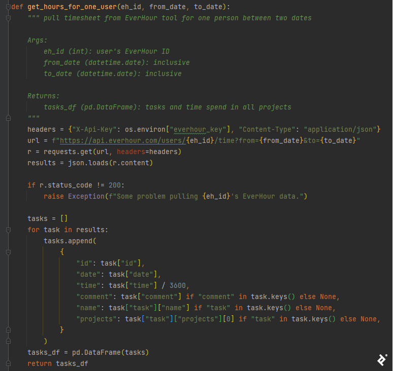 A screenshot showing a sample of the Python code written to perform the "close_the_month" function. It displays the language and syntax that the author used line by line.