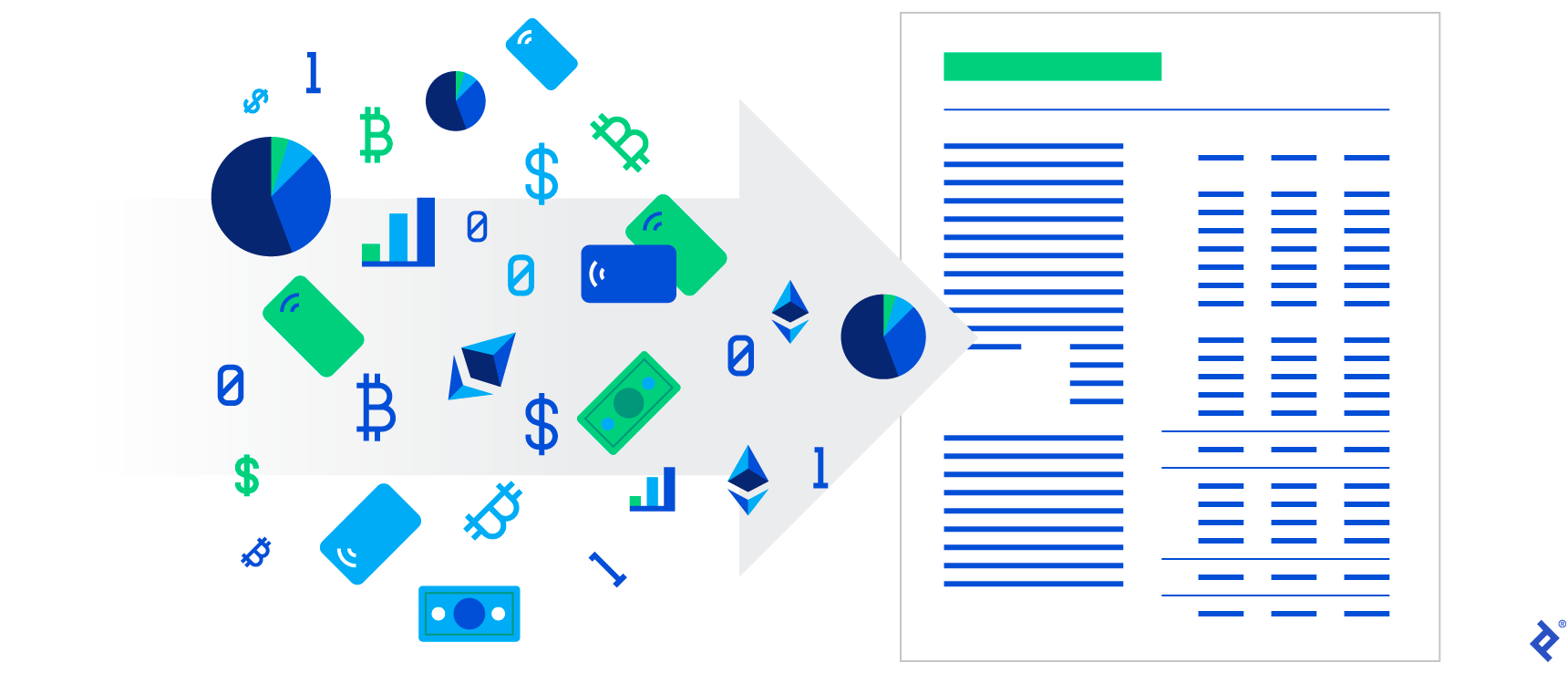 An illustration of the types of inputs that forensic accountants analyze, all flowing into a financial statement. The inputs include US dollars, credit cards, the cryptocurrencies Bitcoin and ether, 1s and 0s to symbolize software data, and pie and bar graphs to represent other financial information and market research data.