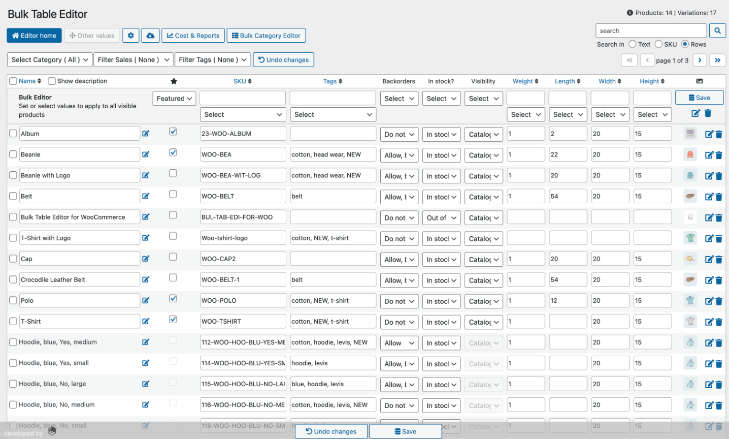 A bulk table editor for an e-commerce clothing site that features filters by Category, Sales, and Tags. Columns listed are: Name, SKU, Tags, Backorders, In Stock?, Visibility, Weight, Length, Width, and Height.