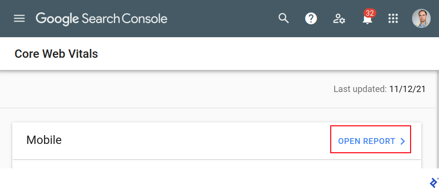 A screenshot of the Google Search Console Core Web Vitals section, showing the Open Report label at the right of the "Mobile" bar beneath the timestamp beneath the main headers.