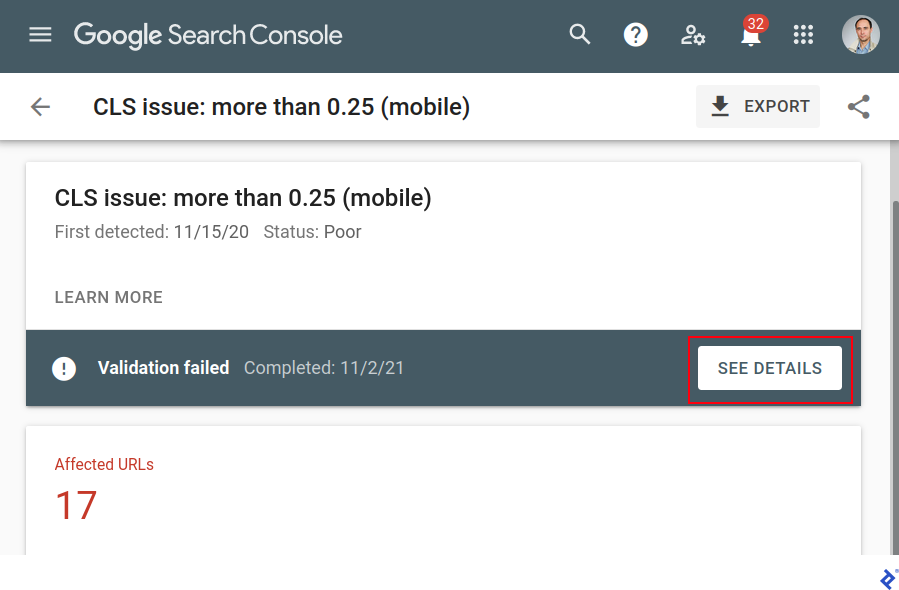 A screenshot showing what happens after the user clicks the See Details button at the right of the "Validation failed" bar. The tool reports 17 affected URLs.