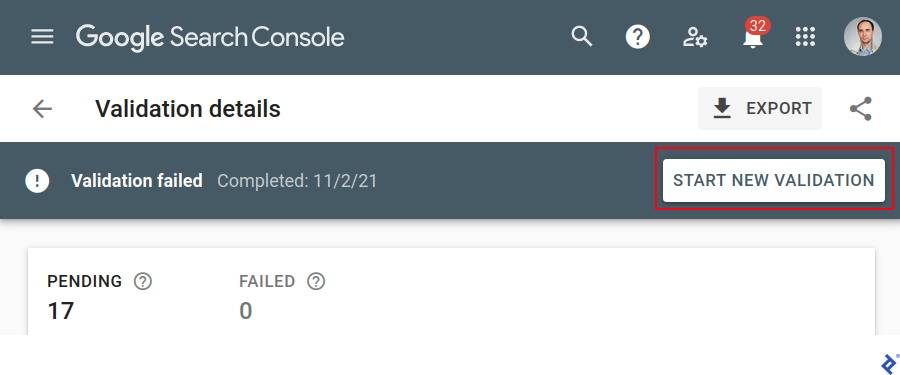 A screenshot of the Google Search Console showing the Start New Validation button at the right of the "Validation failed" bar, beneath the "Validation details" bar, which is beneath the main Google Search Console header.