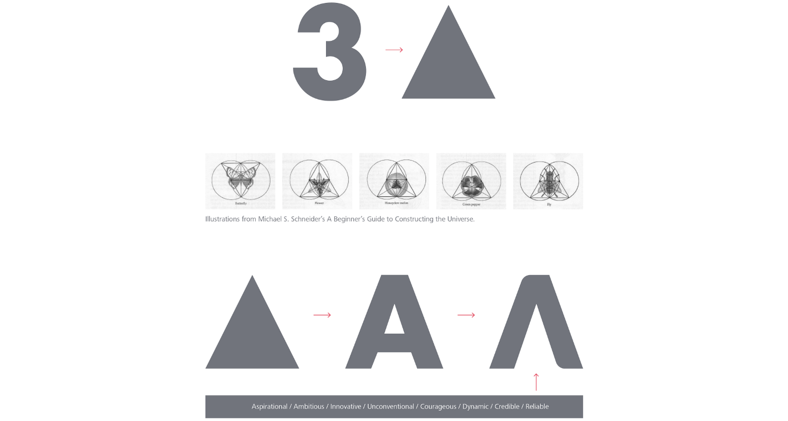 This diagram shows the journey of the number three to the final form of the "A" used in the IPAA logo. The numeral is at the top left of the diagram, and an arrow at its right points to a triangle. Below them are a line of illustrations of triangular forms of nature, including insects and flowers. And below that, on the lower left, is a triangle with an arrow at its right that points to a typical letter A, and another arrow points the final triangular A that is used in the logo.