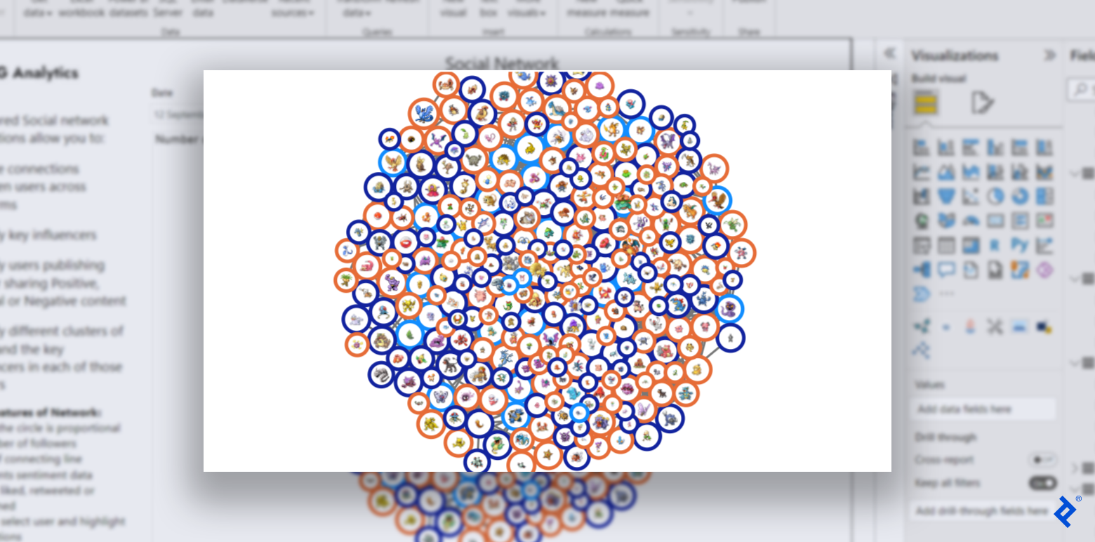 Many dark blue, light blue, and orange circles (50+ circles) are connected by thin gray lines on a white background. The circles have a solid color border and are filled with small images of various Pokémon that have a white background, and the circles block the view of most of the gray lines. They form a circular shape overall.