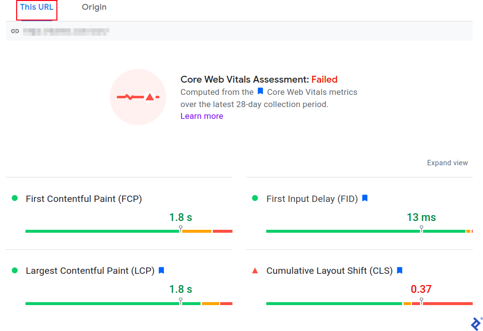 A screenshot showing detailed scores for a specific page under the This URL tab. The screenshot shows a failed Core Web Vitals assessment and the scores for the first contentful paint (FCP), first input delay (FID), largest contentful paint (LCP), and cumulative layout shift (CLS). The CLS score has a red value, while FCP, FID, and LCP are green.