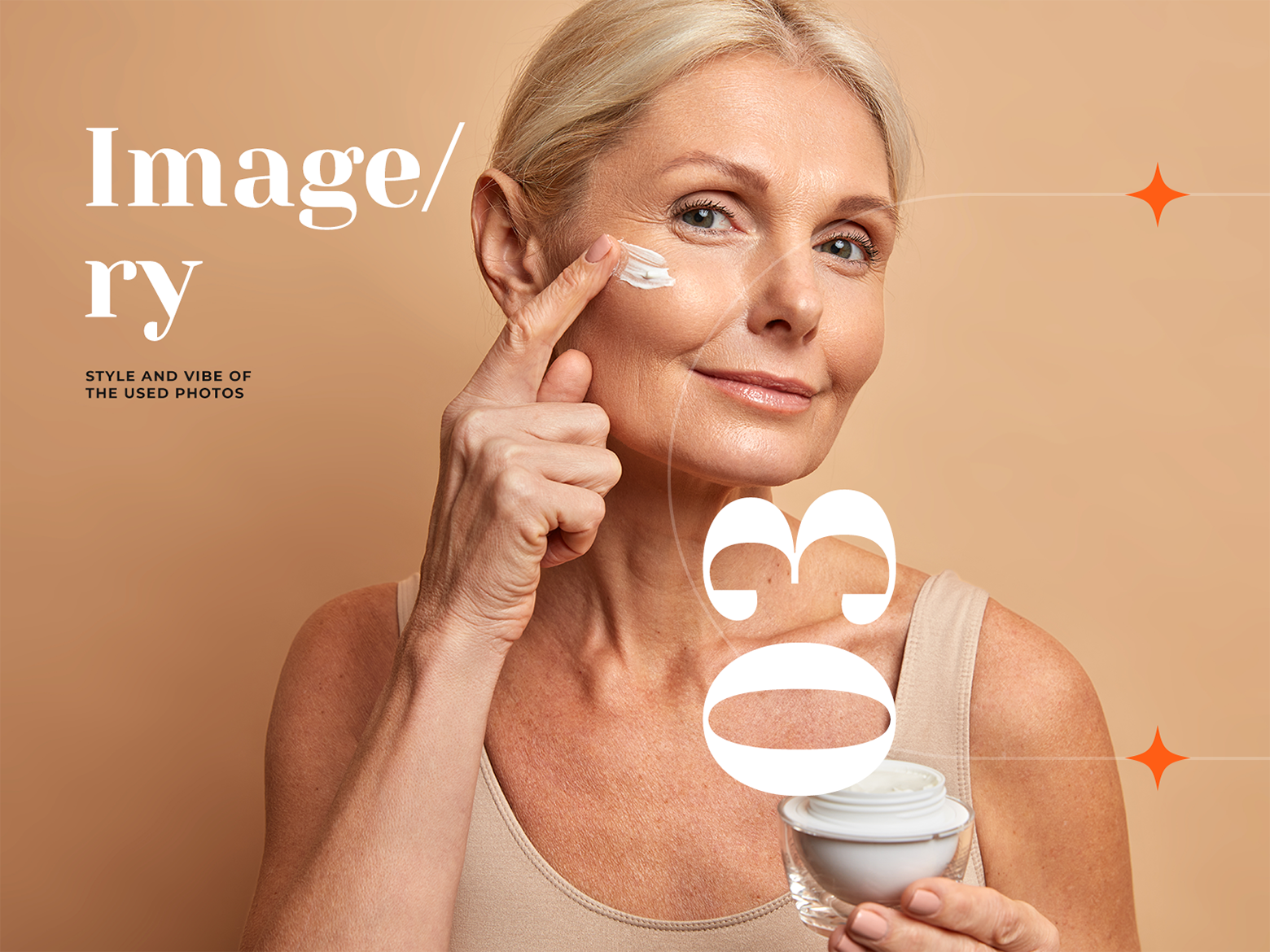 A tan background with a picture of a woman who is probably around age 60. She is smiling and applying cream to her cheek with her forefinger. In her other hand is the jar of cream. To her left is the word "Imagery" and under that it says "Style and vibe of the used photos." This is a page from the style guide for the brand Memine.