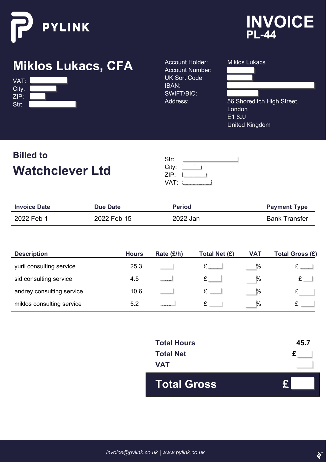 An invoice from Pylink is shown. It reads, "Billed to Watchclever Ltd," the client, and gives the invoice date, due date, period invoiced, and payment type (bank transfer). It also displays the hours for each of four consultants and the combined total of 45.7 hours.