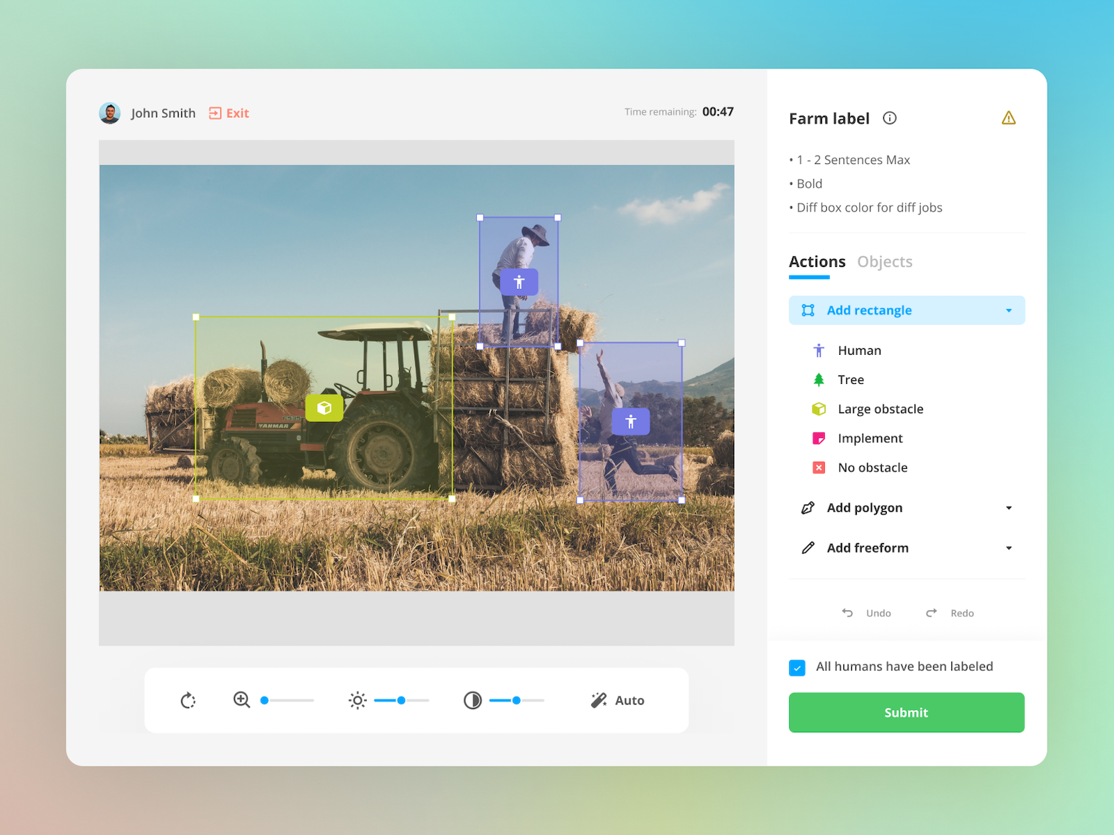 A screenshot of the dashboard showing a large photograph of two men loading hay bales onto a tractor. Certain elements of the image are flagged with colored boxes around them. On the right is a control panel that allows the operator to label the images in the boxes.