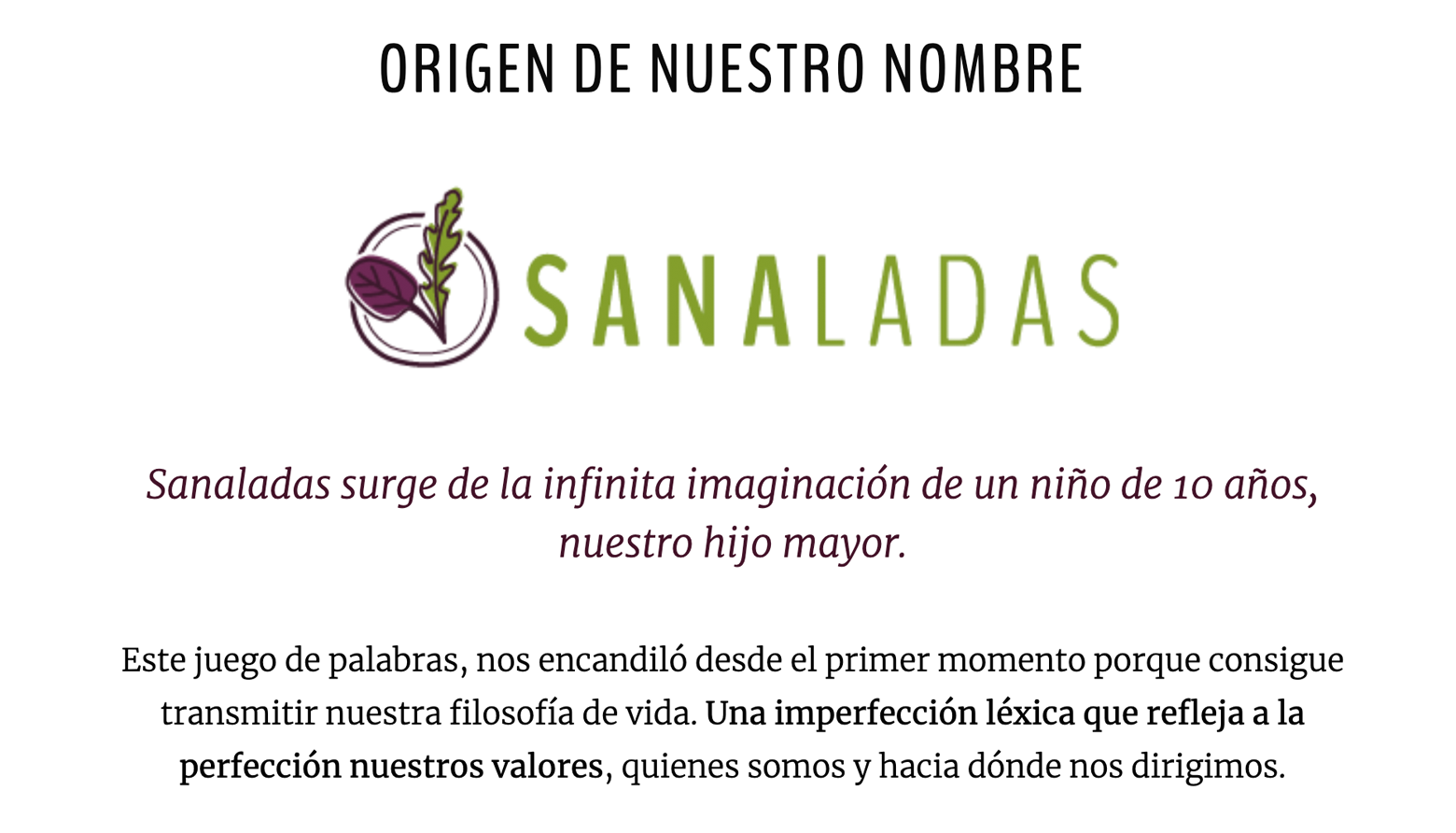 The Sanaladas logo: purple and green leaves inside a circle next to the name in green text. Under the logo is a description of the origin of the company's name in Spanish.