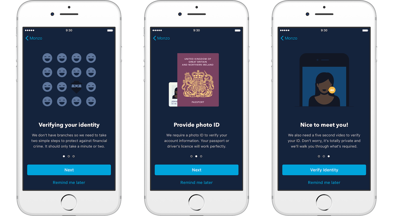 Three smartphone screencaps showing part of the onboarding flow for Monzo. The first shows an introduction screen, the second introduces instructions for scanning a passport, and the third introduces the process of taking a video selfie.