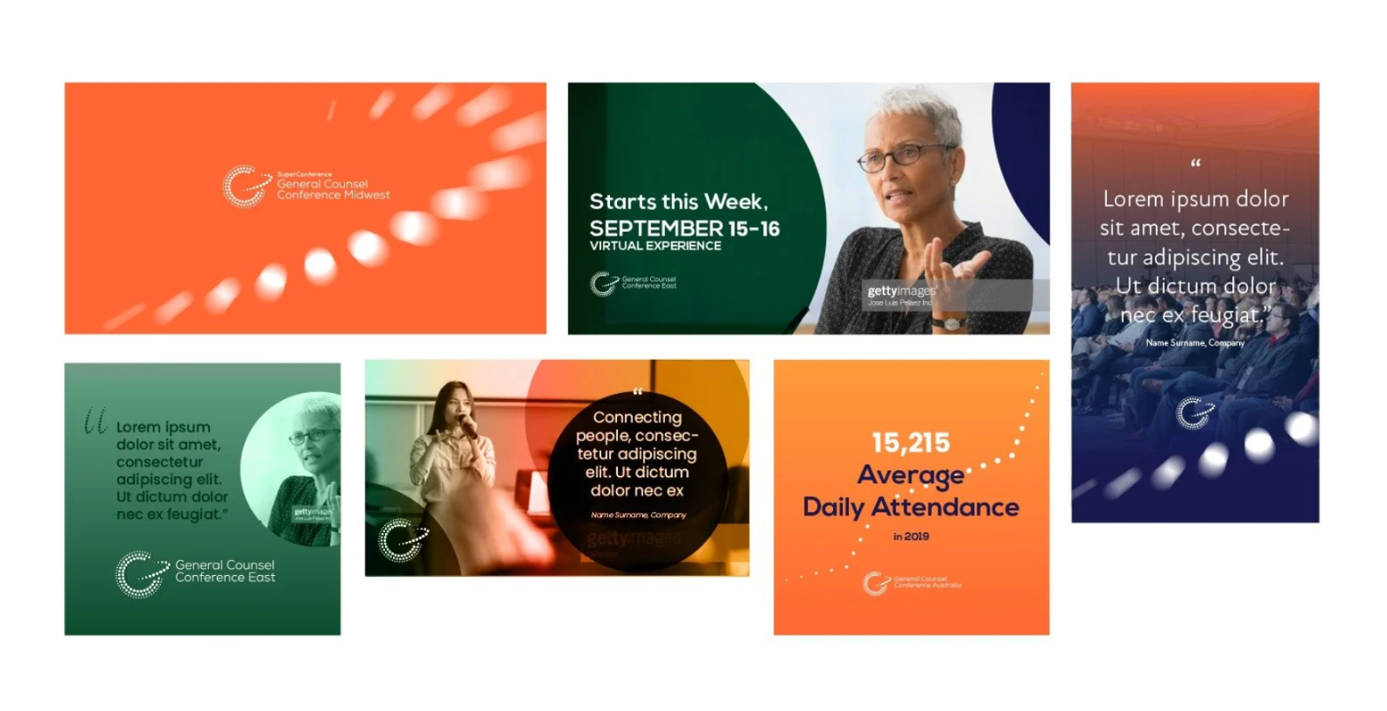 Six images of online promotional content and templates for the General Counsel conferences.