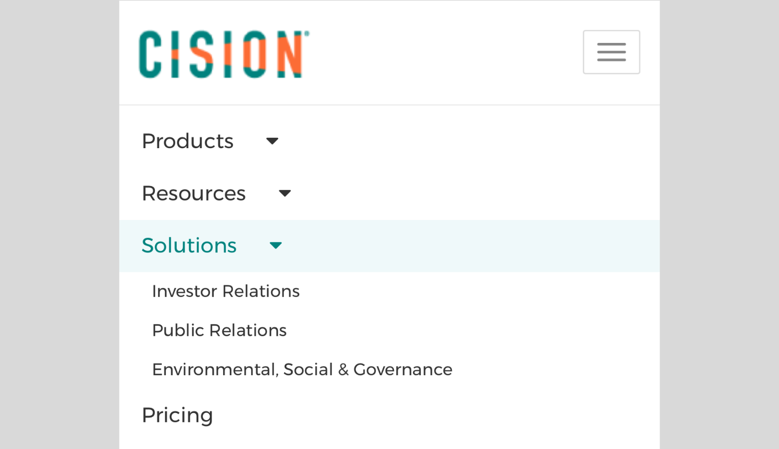 Screencap of the mobile website for public relations software company Cision. At the top is the word CISION on the left and a hamburger on the right. Below is a list of Products, Resources, Solutions, and Pricing, with down arrows next to each. The Solutions menu is expanded to show indented links to Investor Relations, Public Relations, and Environmental, Social & Governance.