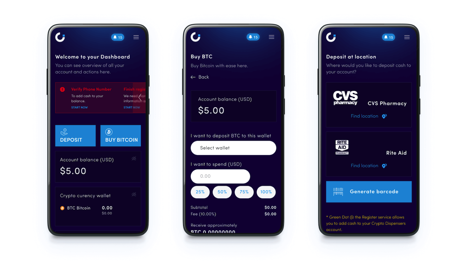 Three screenshots from a cryptocurrency smartphone app displaying the user flow for depositing bitcoin at a bitcoin ATM. The first screen shows a dashboard, the second shows the amount to purchase and the wallet location, and the third shows a list of ATM locations and a button to generate a barcode to complete the transaction.