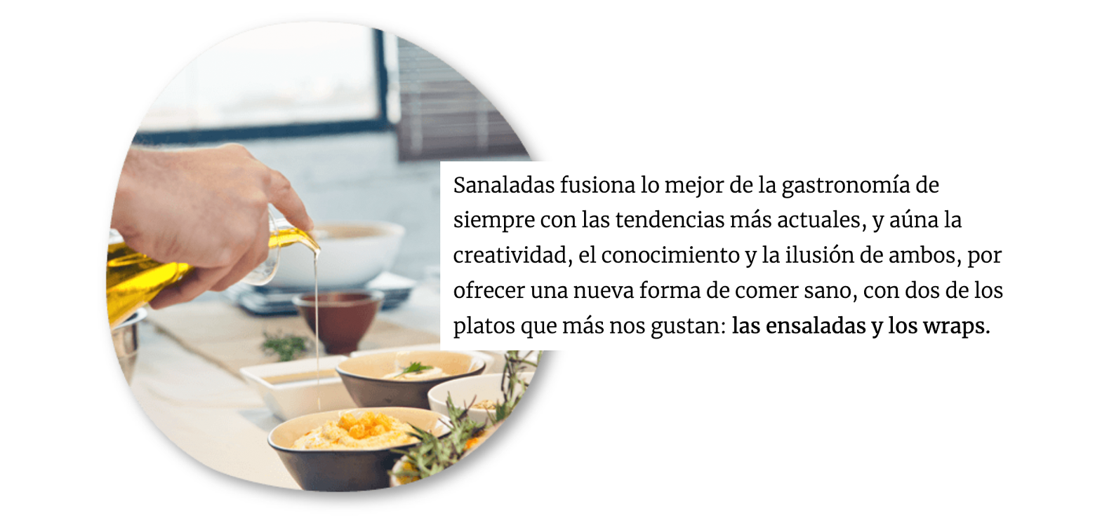 A photo of someone pouring olive oil into hummus next to text in Spanish that describes the company's approach to healthy food.