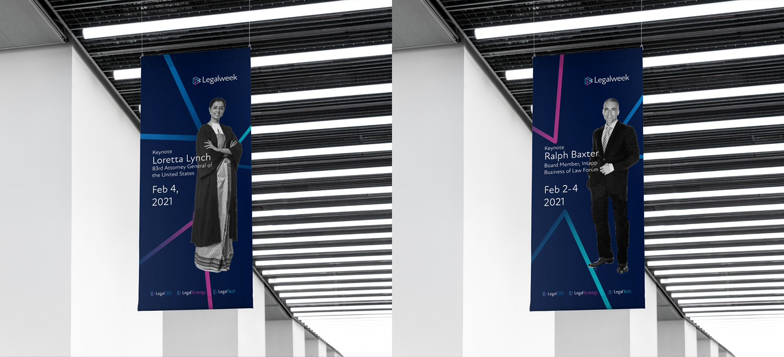 Two Legalweek hanging banner mock-ups, each presenting an event speaker, their name and title, and the event date.