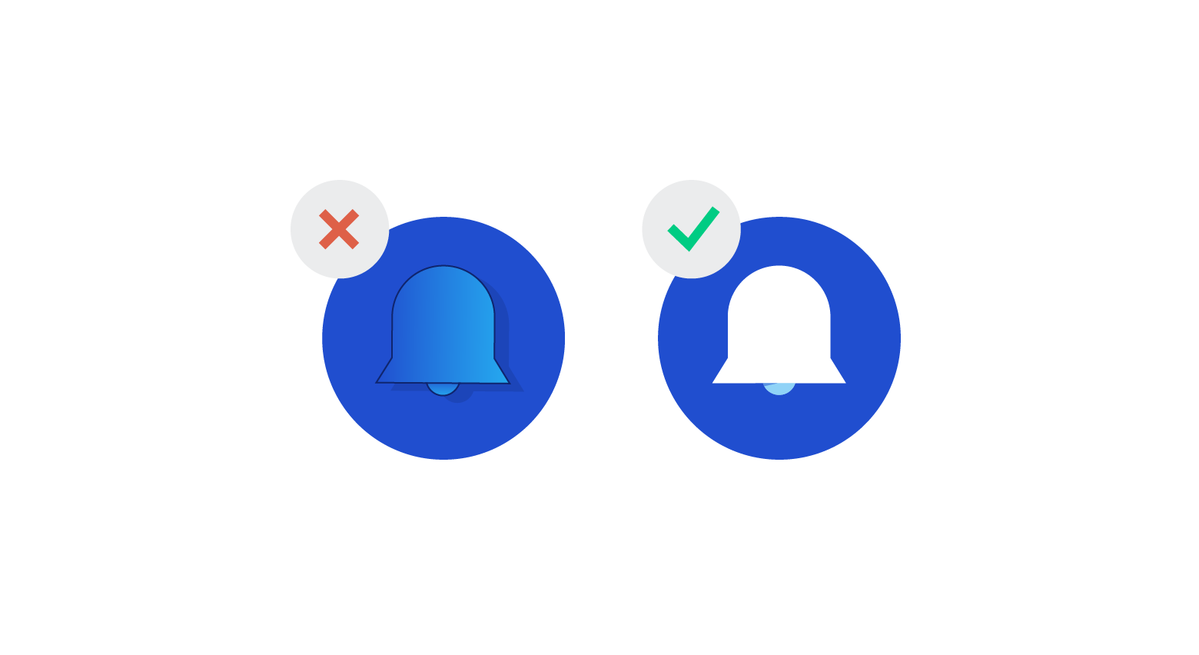 Two notification icons. The one that is preferred shows a white bell against a blue background. The one that is not preferred shows little color contrast between the bell and the background.