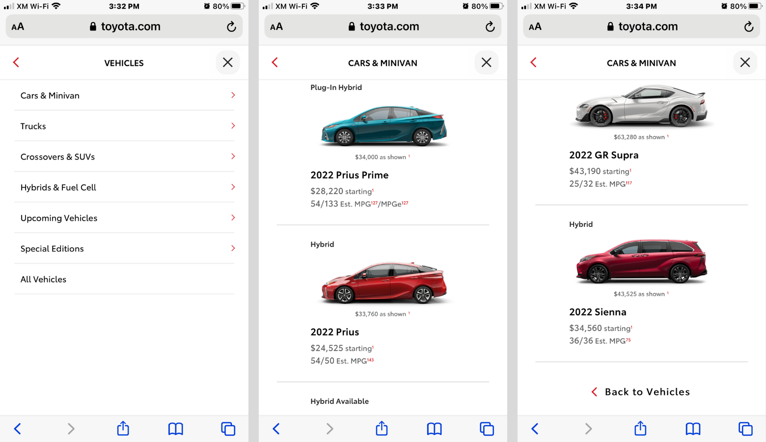 A series of three screenshots from Toyota's mobile site, left to right. The first displays a list of vehicle types. The second displays the first page of the "Cars & Minivan" page. Two cars are visible. The third displays the end of the list of vehicles. A sports car and a minivan are visible. There is a back arrow fixed to the top of the screen, as well as a "Back to Vehicles" prompt at the end of the list.