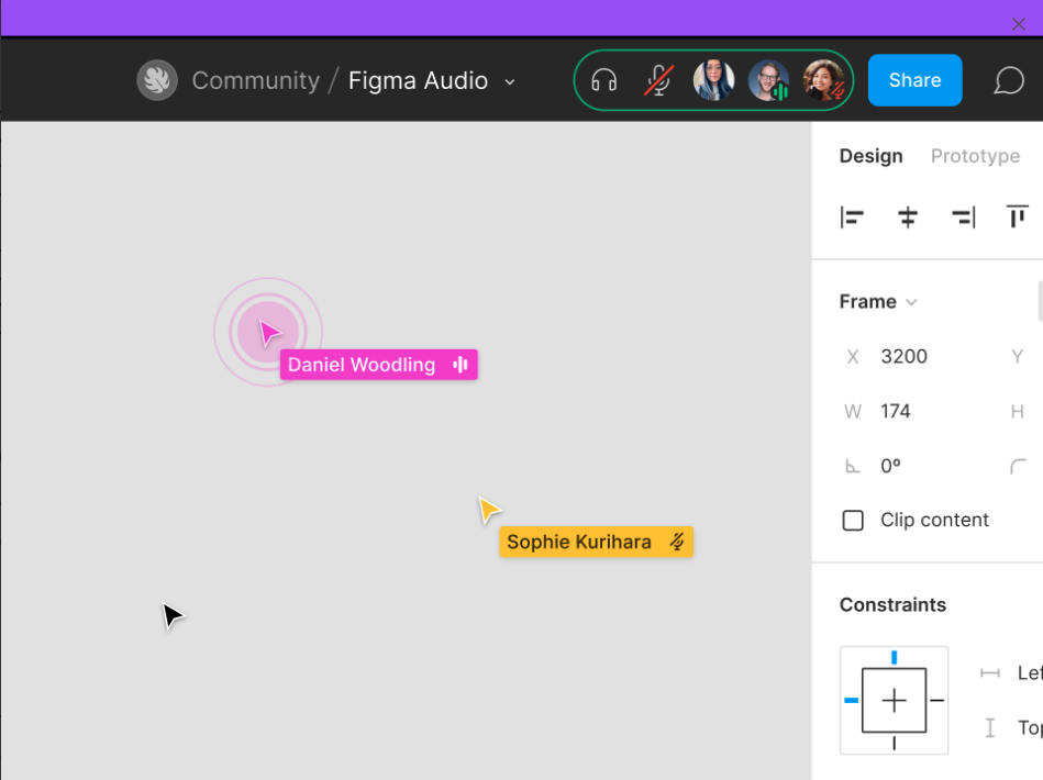 A screen capture of Figma graphics editor displaying the audio chat function. Participating users are shown as icons and have corresponding cursors on the screen. The cursor of the user who is speaking is illuminated.