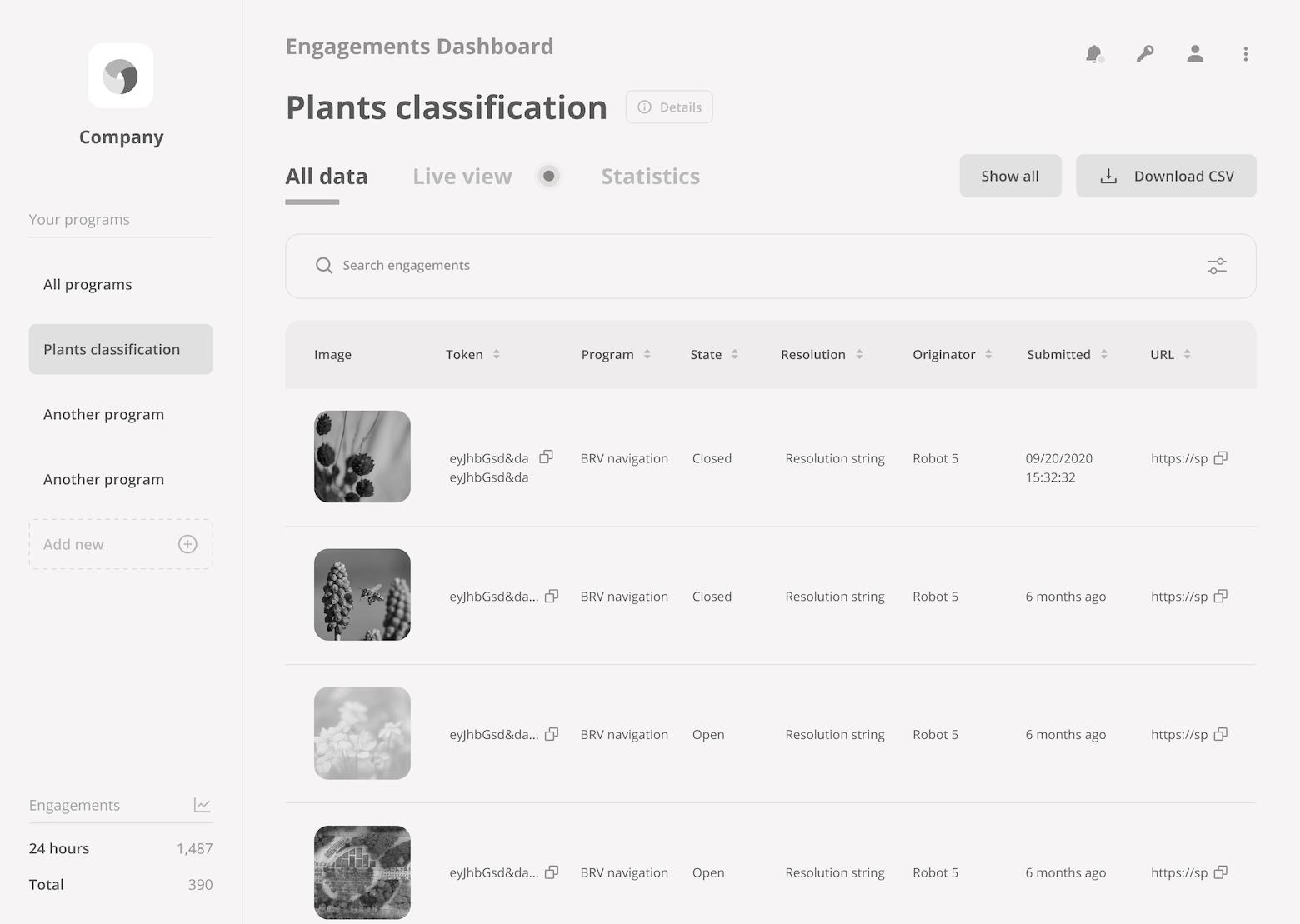 A screenshot of a basic monochrome dashboard showing a column of images with a row of metadata leading off each image. Some images are fully saturated, indicating completion, while others are mostly transparent to indicate they are still in progress. On the left is a panel showing basic navigation.