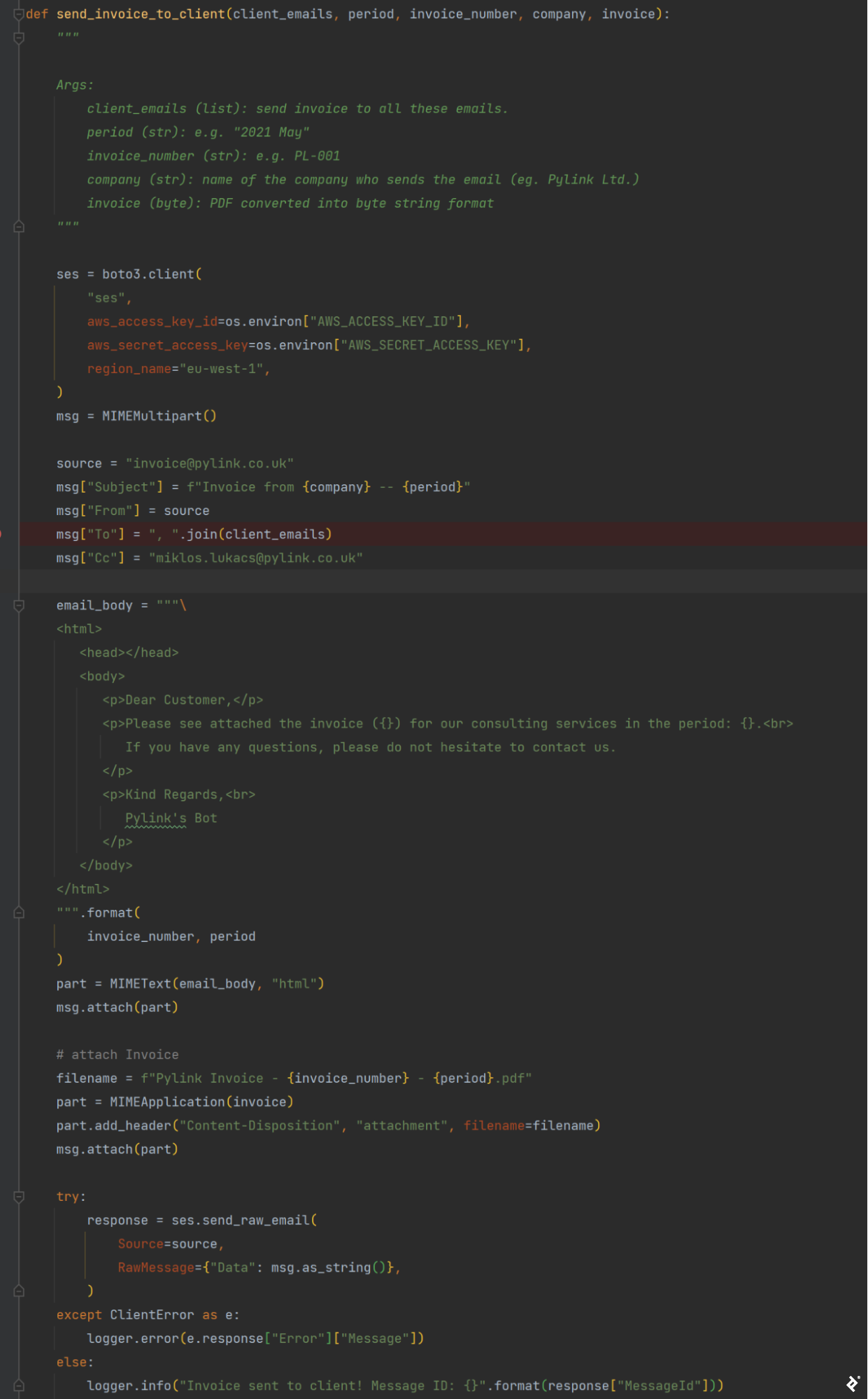 A screenshot shows a coding excerpt with the Python language and syntax the author used to create an email, attach an invoice, and send it to his customer for payment.