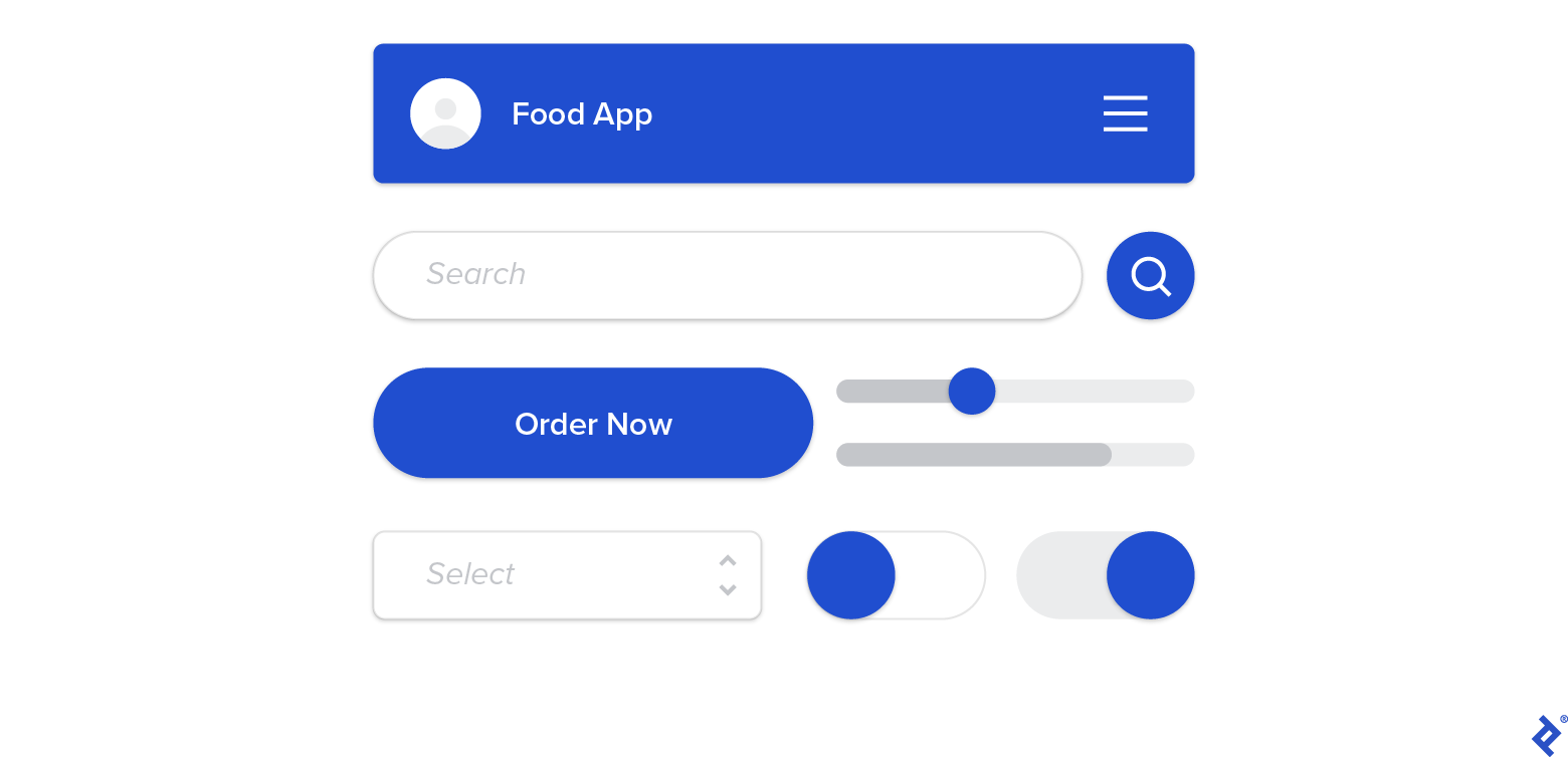 A selection of mobile UI library components for MVP design. From top to bottom, in rows: a blue mobile header that displays the text "Food App" and a hamburger menu, then a search bar and a blue search icon, then a blue "Order Now" button and filter icons, then a drop-down menu that displays the text "Select," and two toggle switches.