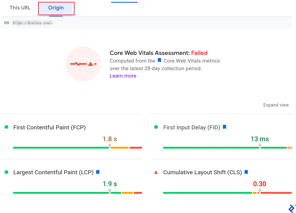 A screenshot showing detailed scores for all pages of the website, under the Origin tab. The screenshot shows a failed Core Web Vitals assessment and the scores for the first contentful paint (FCP), first input delay (FID), largest contentful paint (LCP), and cumulative layout shift (CLS). The FCP score is yellow, FID and LCP scores are green, while the CLS score is red.