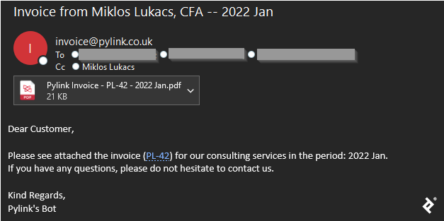 A screenshot of the email created by the code. A PDF of the invoice is attached. The message reads: