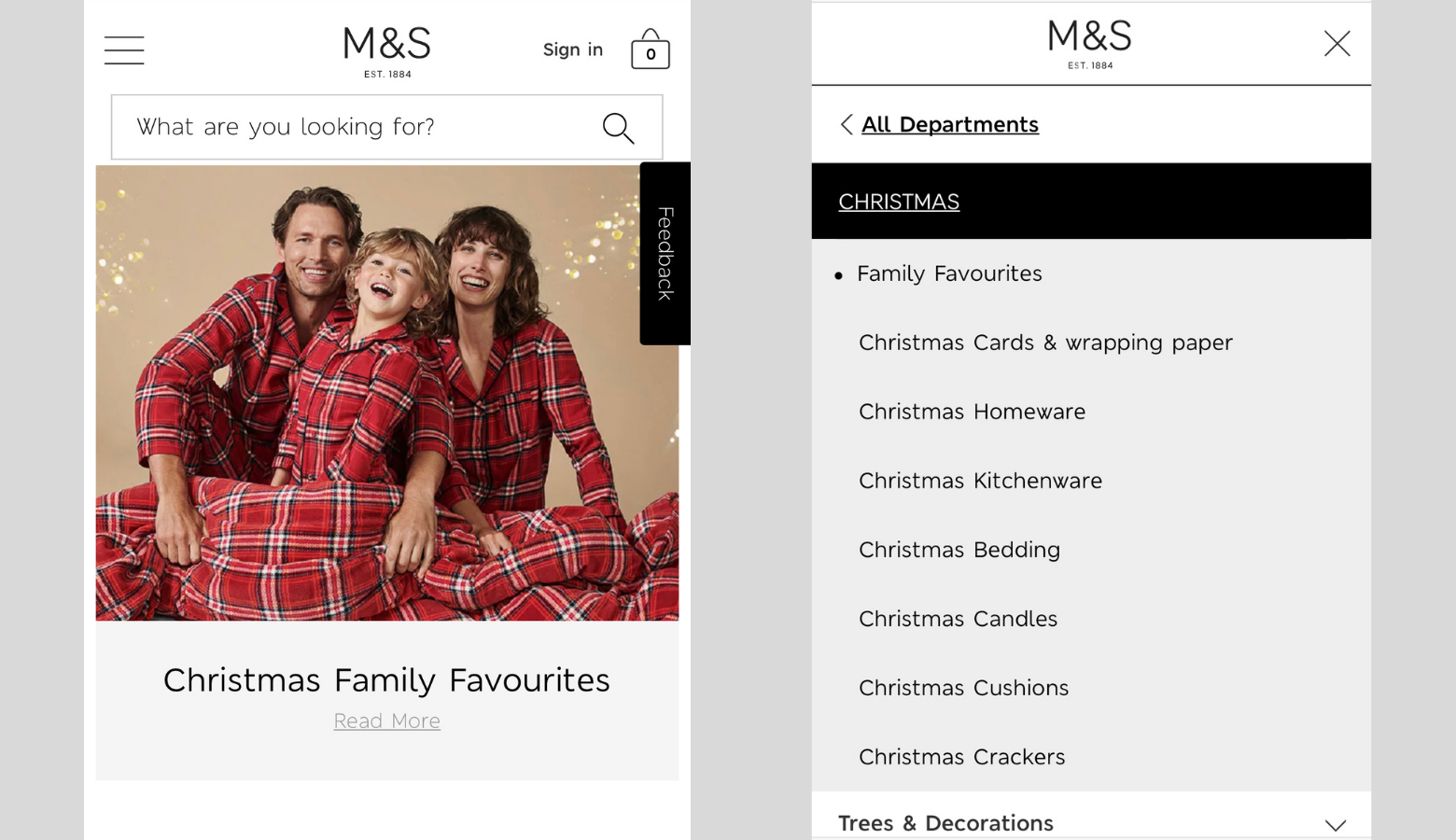 Side-by-side screenshots from the Marks & Spencer mobile website. On the left is the landing page for "Christmas Family Favourites," featuring a photo of two parents and a child smiling and wearing matching plaid pajamas. The "M&S" logo is in the top bar, with a hamburger menu to the left, and a search bar and shopping cart icon to the right. The second image shows the page replaced by the "Christmas" submenu, which is expanded with the item "Family Favourites" already highlighted.
