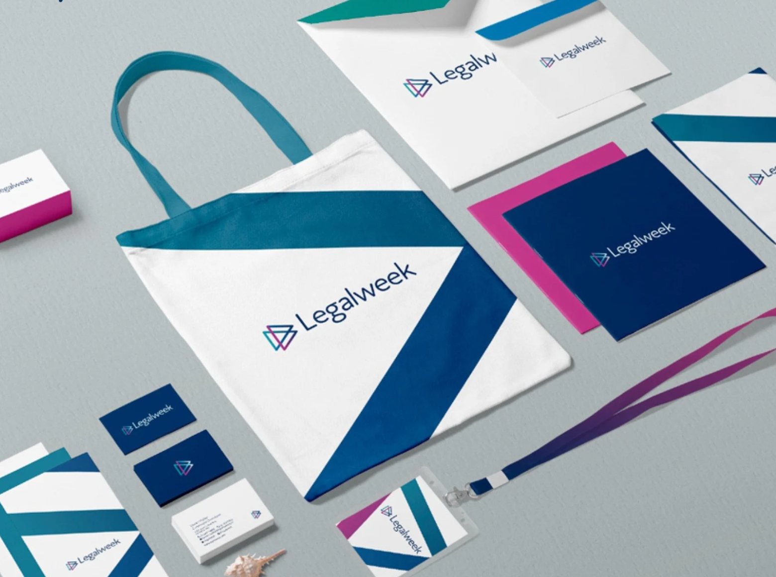 Examples of post-engagement promotional materials for Legalweek, including sticky notes, a lanyard, brochures, and stationery, in the event's signature pink and/or blue hues.