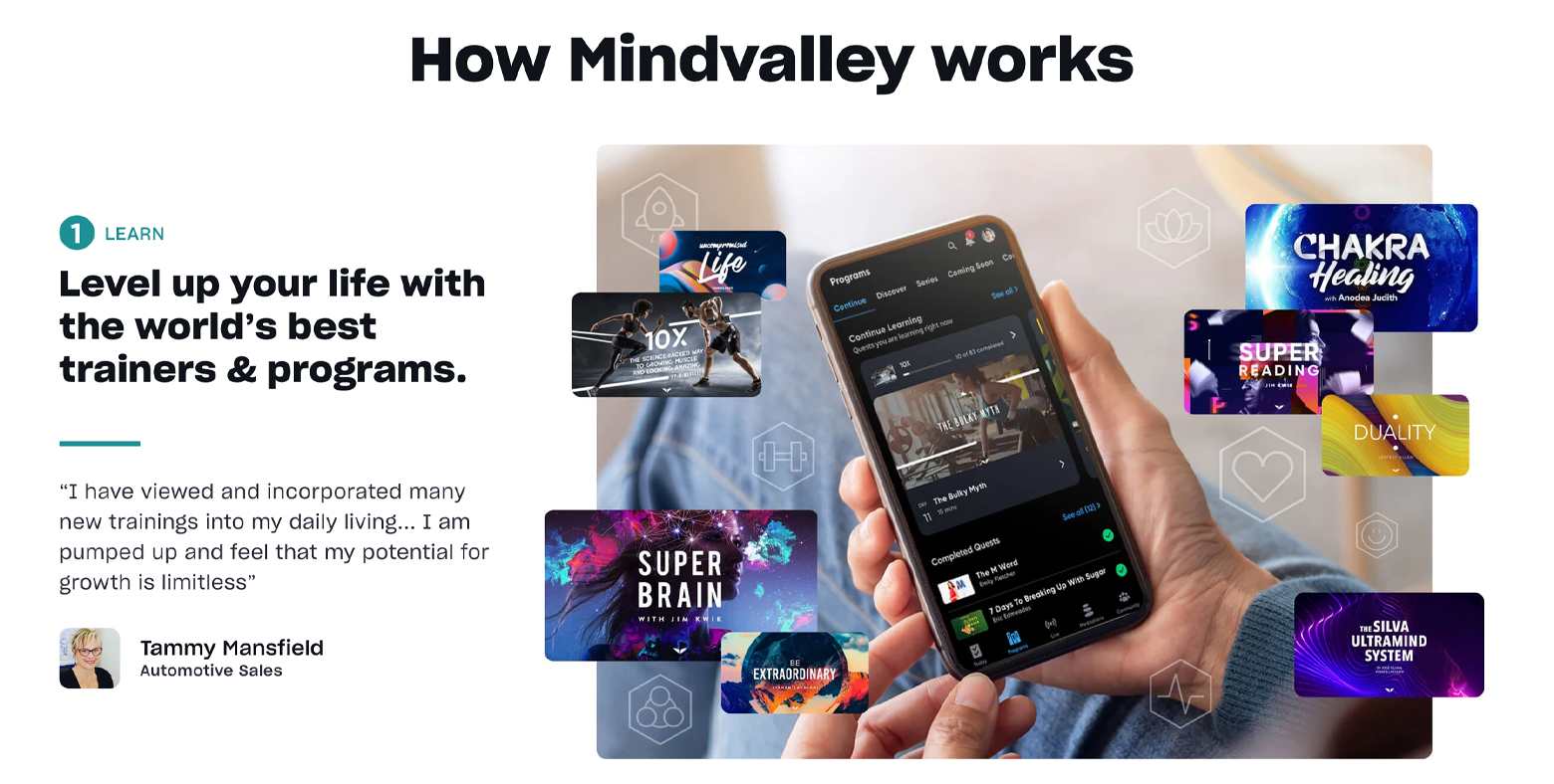 A page from Mindvalley's website titled "How Mindvalley works." On the left side, the text reads, "Level up your life with the world's best trainers and programs." In smaller text below is a quotation from one of the company's clients, Tammy Mansfield: "I have viewed and incorporated many new trainings into my daily living . … I am pumped up and feel that my potential for growth is limitless." On the right side of the page, a person holds a smartphone. Course offerings, such as Chakra Healing, Super Reading, and Duality, surround the phone's screen.