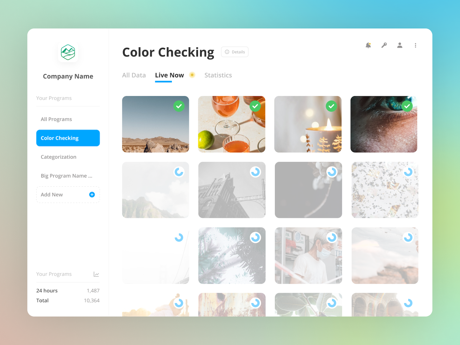 A screenshot of the dashboard showing 12 images in a grid. Four images at the top each show a green checkmark, indicating that they have been resolved. The remaining images are grayed out with blue progress wheels superimposed over each of them, indicating that they are still in progress.