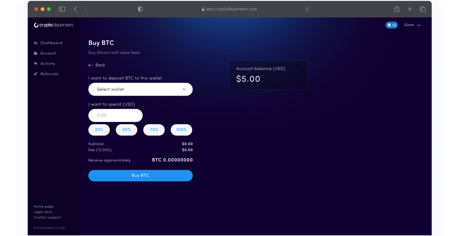 A screencap of a transaction window for a cryptocurrency trading platform. The screen says "Buy BTC." The user is prompted to select their desired wallet and enter the amount of bitcoin they wish to purchase. The confirmation line reads, "Receive approximately BTC 0.0000000"