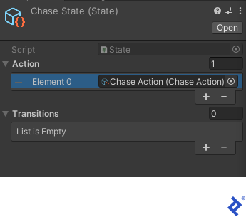 Chase State (State) screen begins with a label "Open." Beside the label "Script" "State" is selected. Beside the "Action" label, "1" is selected. From the "Action" dropdown, "Element 0 Chase Action (Chase Action)" is selected. There is a plus sign and minus sign that follows. Beside the "Transitions" label, "0" is selected. From the "Transitions" dropdown, "List is Empty" displays. There is a plus sign and minus sign that follows.