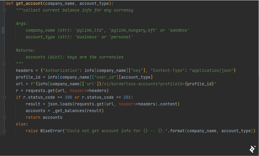 A screenshot displays a sample of the Python code that the author uses to get balance information for each of Pylink's companies.
