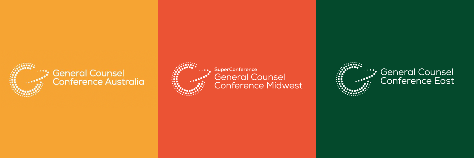 Event logos for the three General Counsel conferences: Australia (with a golden yellow background), Midwest (red-orange), and East (forest green).
