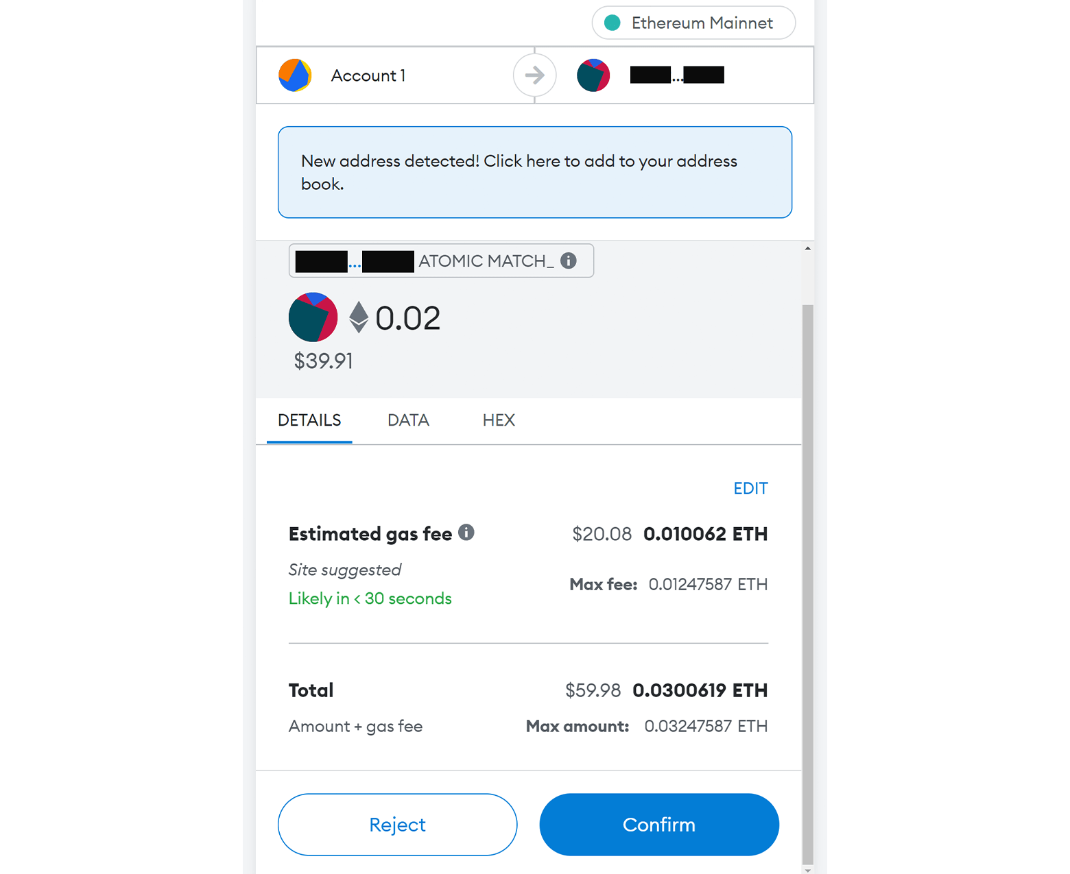 A checkout screen showing the cost of an NFT and estimated gas fees. The estimated gas fee is $20.08 or .010062 ETH, and the max fee is .01247587 ETH. The total cost of the NFT plus the gas fee is $59.98 or .0300619 ETH, and the max amount is .03247587 ETH. Below these costs are a white button that reads "Reject" and a blue button that reads "Confirm."