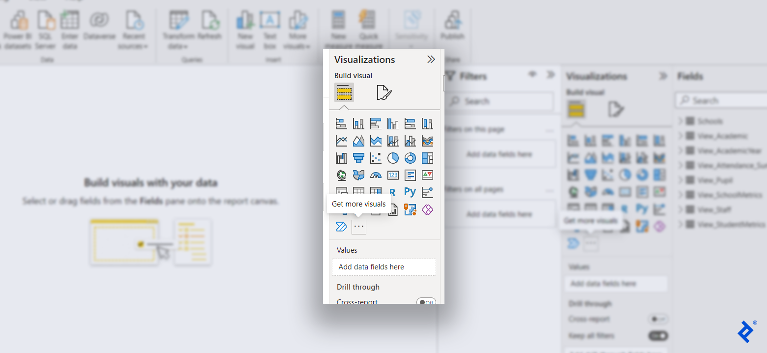 A pane appears with the title "Visualizations" and two ">" arrows to its right. Below, the text "Build visual" with two images below it: two yellow rectangles and a line on the left, and a paper and paintbrush on the right. The two yellow rectangles image is selected and below it has a panel of more than 30 various graph icons. The last icon is an ellipsis, which has the hover text "Get more visuals." Below the icons panel, the text "Values" with a line of text below that reads: "Add data fields here." Below that, the text "Drill through," followed by "Cross-report" with an "Off" radio button selected next to it.