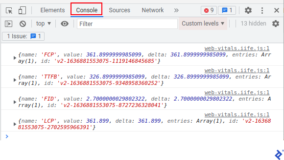 A screenshot of the Console tab in the Google Chrome browser, showing FCP, TTFB, FID, and LCP values, each as a line of console output containing an object with properties "name," "value," "delta," "entries," and "id." The value for "entries" is an array.