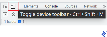 A screenshot of the "Toggle device toolbar" button between the "Inspect element" button and the "Elements" tab at the top of Google Chrome's Developer tools.