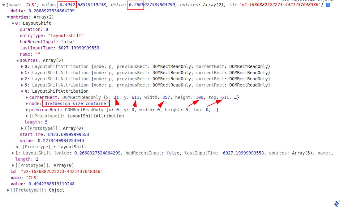 An image of the log record, with highlighted currentRect and previousRect values.
