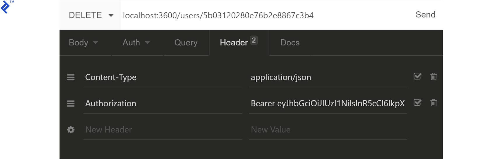 Request setup for deleting a user