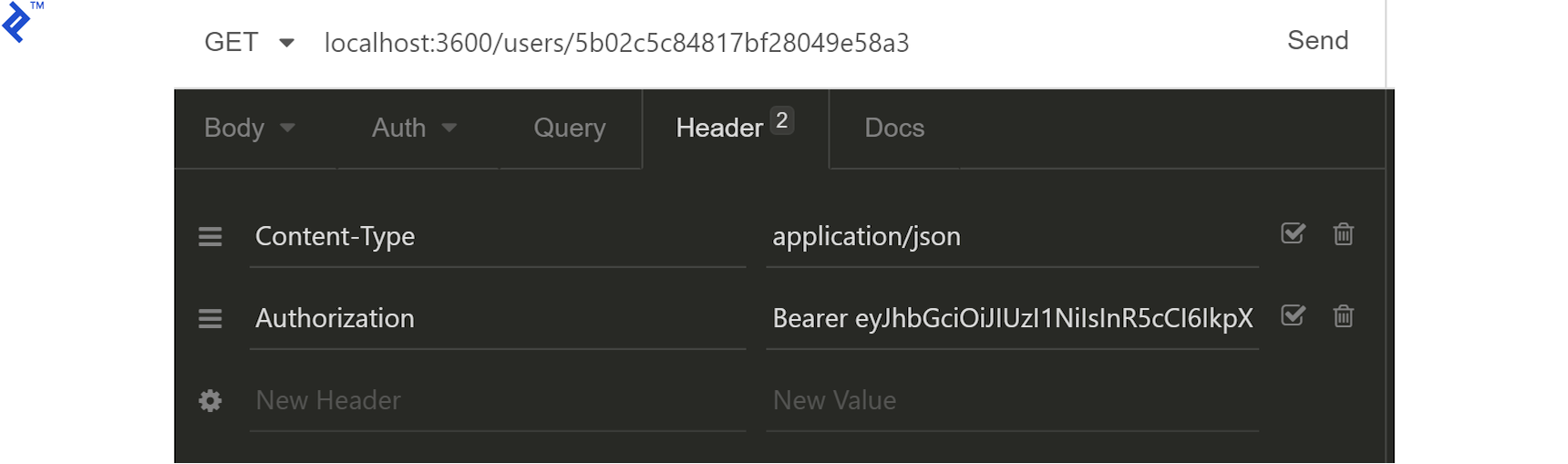Setting up the headers to transfer contain the authenticating JWT