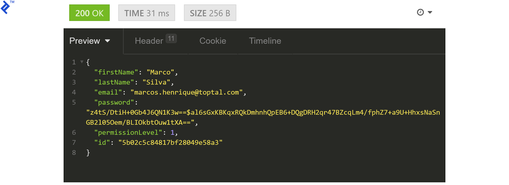 Response listing the data for the indicated user