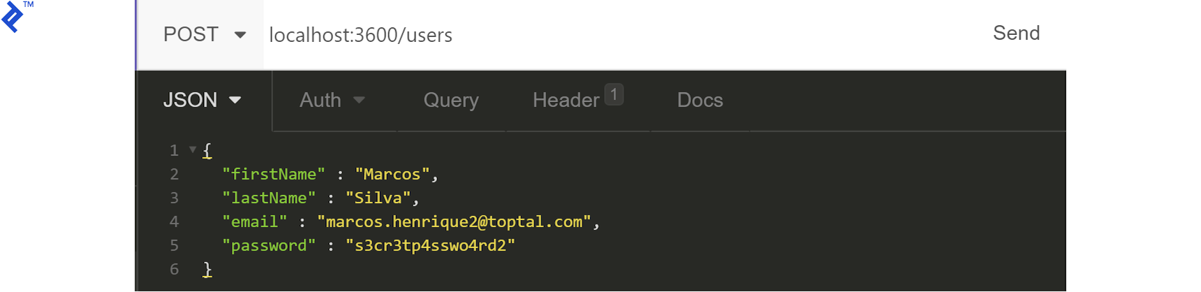 Request with the appropriate data for creating a user