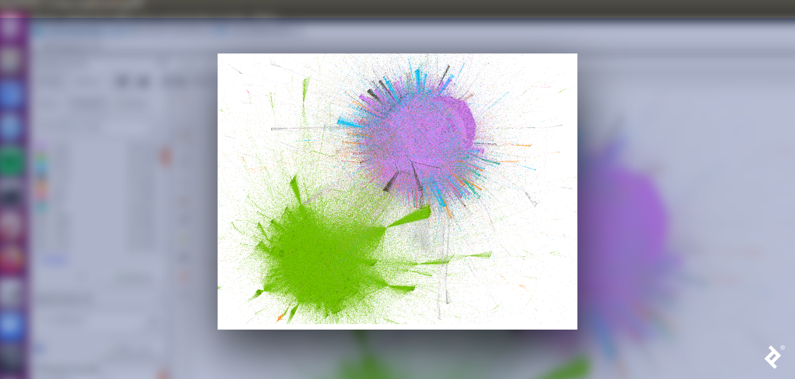 A non-identified binary data cluster interaction graph generated within Gephi