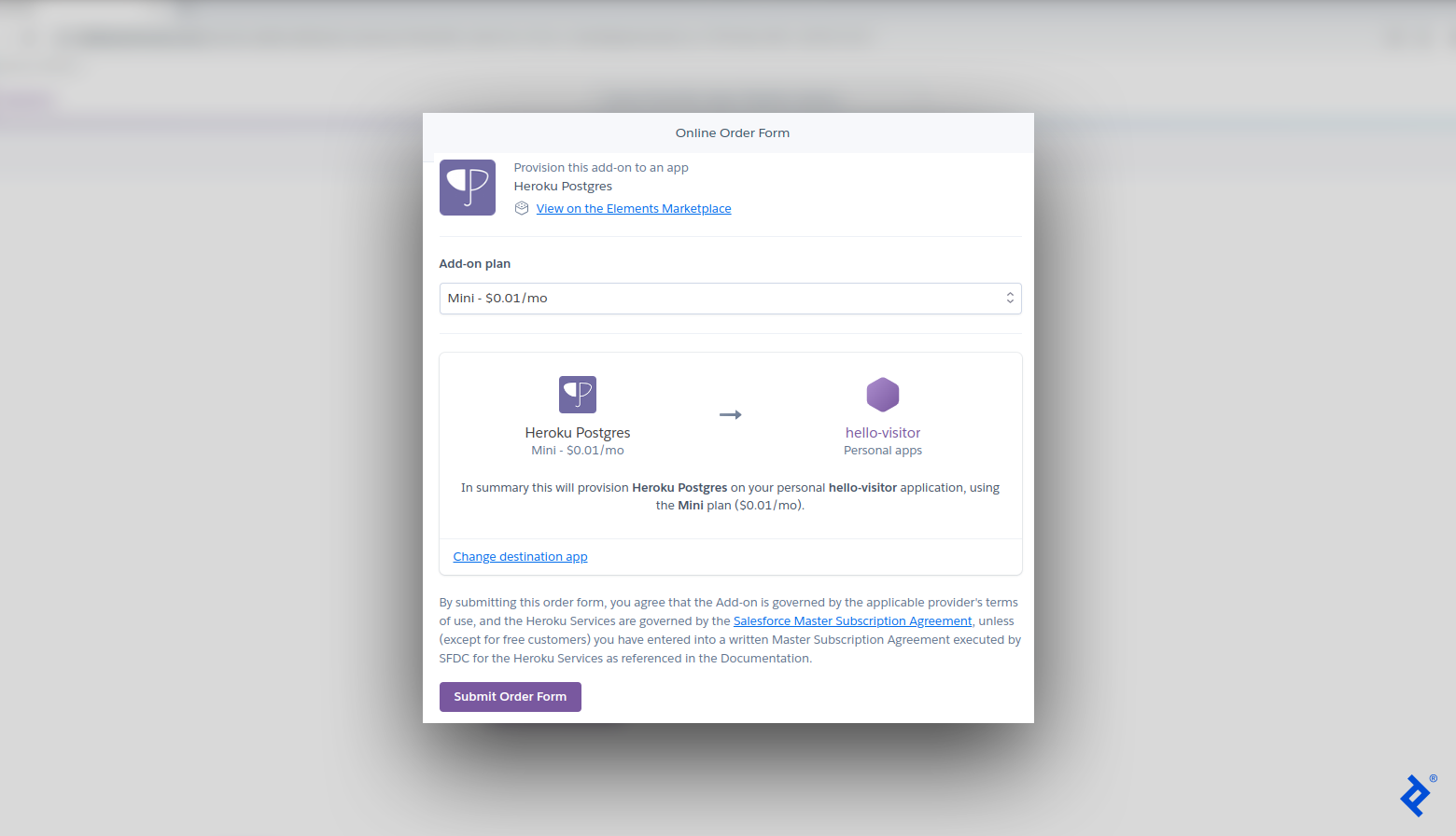 A Heroku administration page called Online Order Form shows that Postgres is being selected as an add-on to the hello-visitor app. This database is being added under the Heroku Mini plan as selected from a drop-down menu. A purple Submit Order Form button is at the bottom.