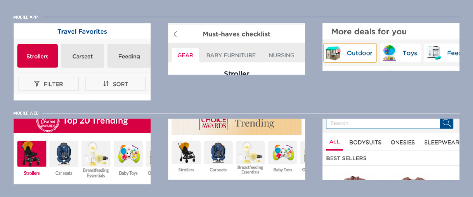 Six screenshots of filtering options for different baby product categories on the app and mobile website. The terms, colors, and functions vary, creating a disjointed feel.