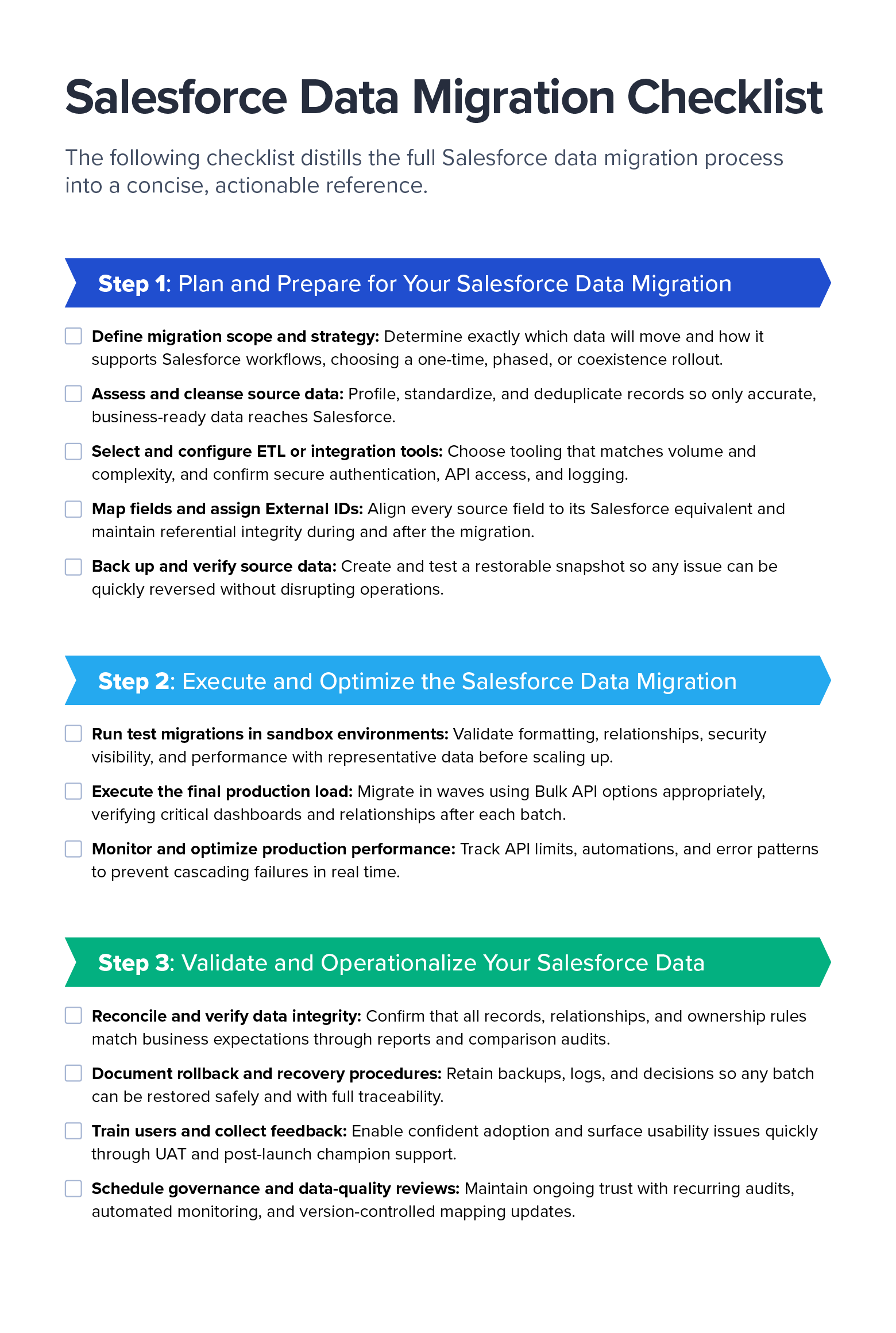 A Salesforce data migration checklist follows a three-step process for planning and preparation, planning and preparation, execution and optimization, and validation and operationalization.