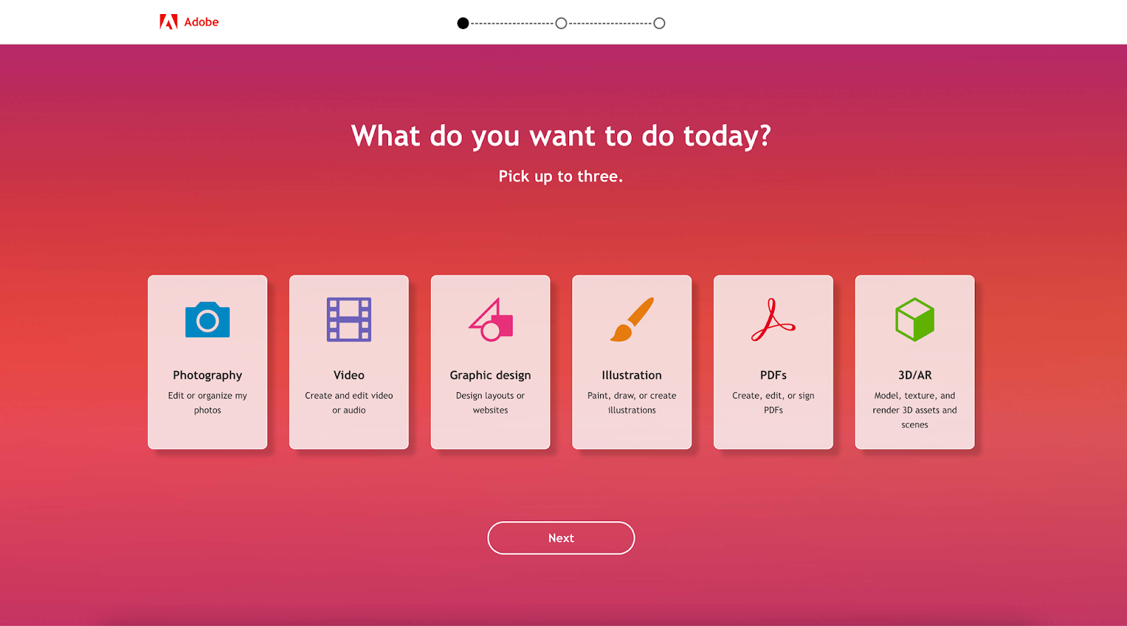 The first screen in Adobe Creative Cloud’s interactive quiz asks potential customers what they want to work on, including options like video and PDFs.