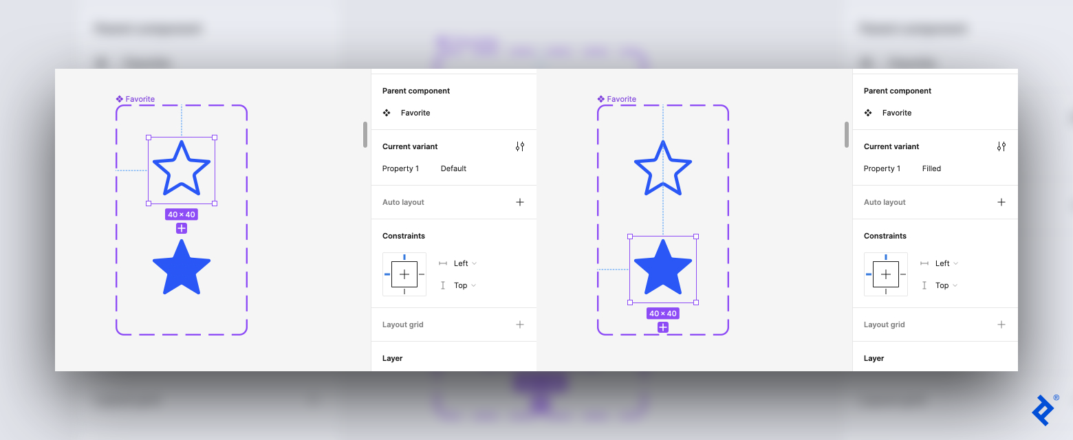 A screenshot of the two stars and their settings. The unfilled star is called default and the filled star is called filled in their respective Property 1 field.
